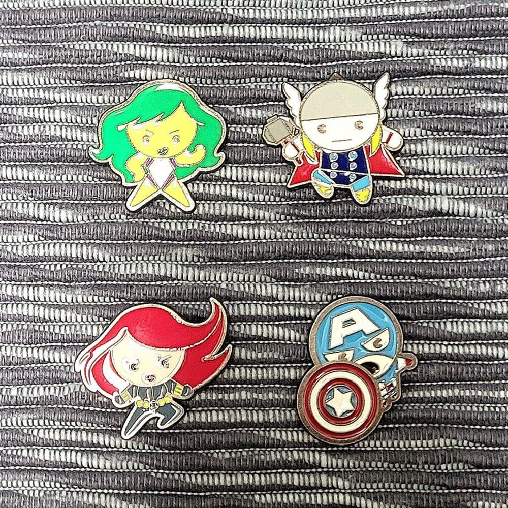 Disney Marvel Kawaii Art Pins Thor Captain America, She Hulk, Widow Plus 1 Bonus